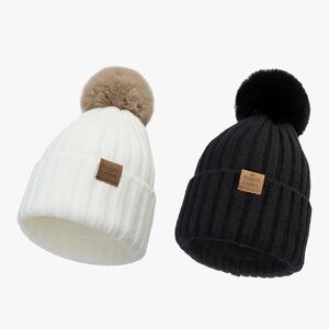 Pom-Pom Beanie Set - White and Black